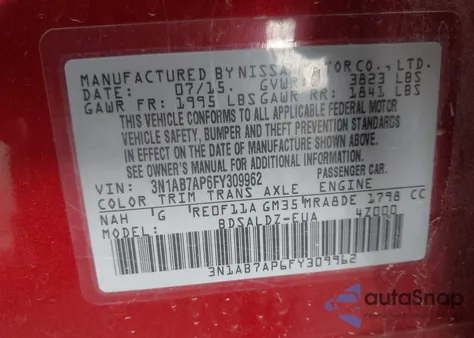 2015 Nissan Sentra S/Sv/Sr/Sl from USA, damaged, VIN 3N1AB7AP6FY309962